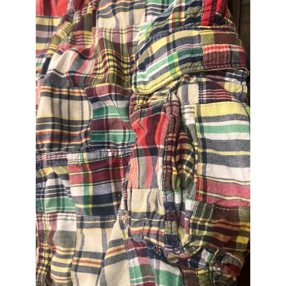 Gap Kids Madras Plaid Cargo Shorts Blue Yellow Green Flat Front Preppy Size 12